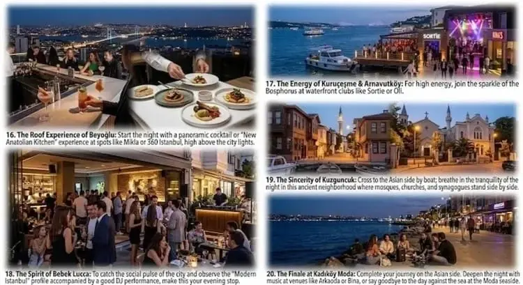 Nightlife in Istanbul featuring rooftop dining in Beyoglu, waterfront clubs in Kurucesme, Bebek Lucca, the quiet streets of Kuzguncuk, and Moda seaside at night.