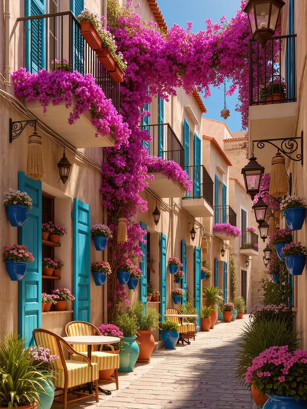 Colorful Mediterranean street with pink bougainvillea flowers and sea view in Turkey