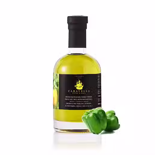 Roasted Pepper Infused Extra Virgin Olive Oil bottle by Caravella Fine Food, front view with bell pepper