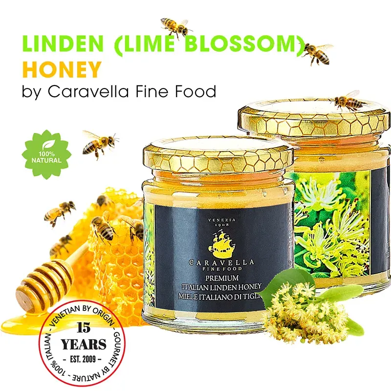 Thumbnail: Product graphic with Caravella Linden Honey jars, bees and honeycomb, labeled 100% natural