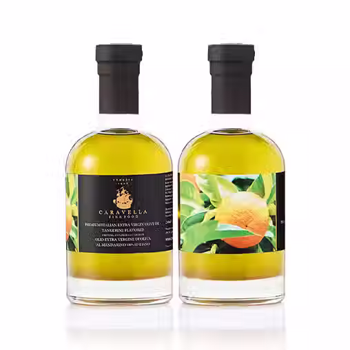 Miniatura: Sicilian Tangerine Infused Extra Virgin Olive Oil by Caravella Fine Food, front and side bottle view