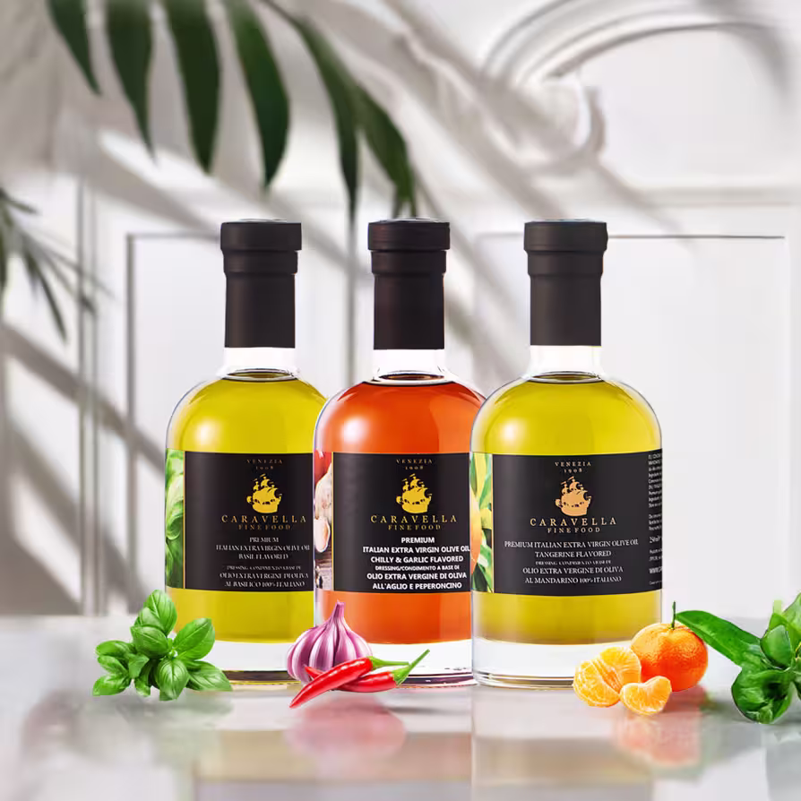 3x Flavored Gourmet olive oils - Sicily Tangerine, Chilli & Garlic, Basil