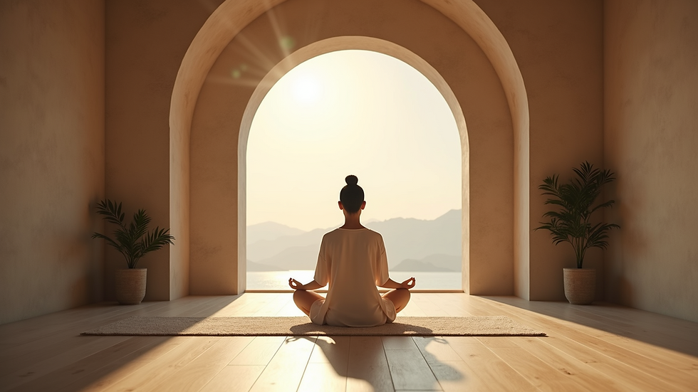 Eye-level view of a serene meditation space with natural light