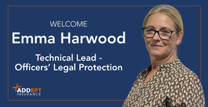 A picture of Emma Harwood with text on a blue background