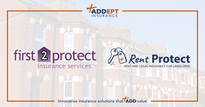 The Addept Insurance and First2Protect logos on a watermarked background of terraced houses