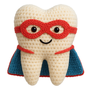 Dente de pelúcia em crochê com tema de super-herói para tornar odontologia divertida para crianças.