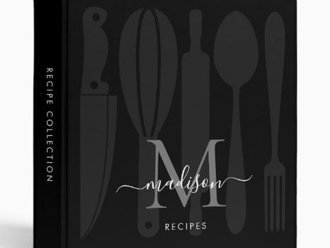 Hot Deals! Monogram Black Gray Kitchen Utensils Cookbook 3 Ring Binder
