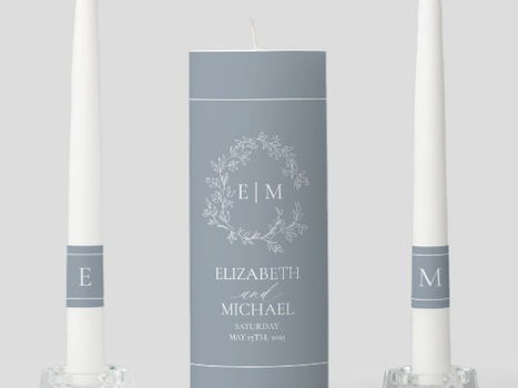 Top 10! Dusty Blue Leafy Crest Monogram Wedding Unity Candle Set