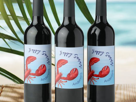 Top 10! Lobster red blue sea happy summer name wine label