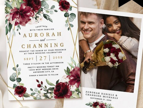 Hot Deals! Burgundy Red Floral Geometric Photo Wedding Gold Foil Invitation
