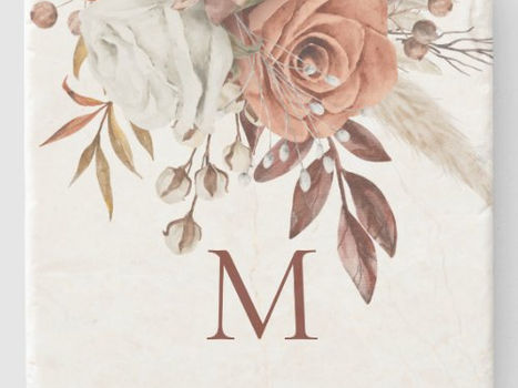 Top 10! Terracotta Florals Grasses Monogram Initial Stone Coaster