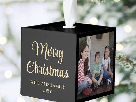 Top 10! Any Text 3 Photo Simple Modern Minimal Black Gold Cube Ornament