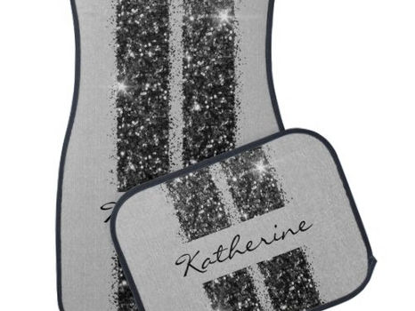 Best Price! Black Silver Gray Race Stripe Glitter Personalized Car Floor Mat