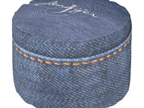 Best Price! Modern Blue Jeans denim pattern monogram name Pouf