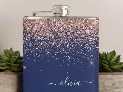 Hot Review! Blush Pink Rose Gold Navy Blue Glitter Monogram Flask