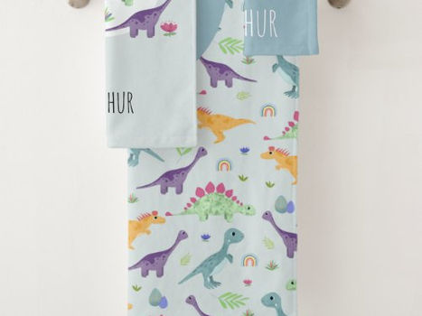Hot Review! Boys Cute Blue Dinosaur Pattern Name Kids Bath Towel Set