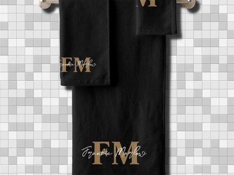Review Elegant Monogram Black Gold Script Name Bath Towel Set