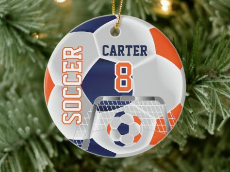 Top 5! Orange, White & Dark Blue Personalize Soccer ⚽ Ceramic Ornament