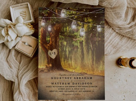 Hot Deals! Mason Jars Rustic Tree Lake Twinkle Lights Wedding Invitation