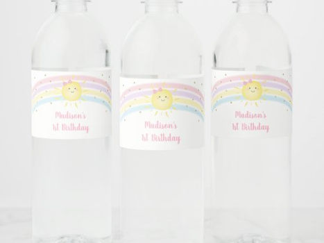 Top 5! Sunshine Rainbow Pink Gold Pastel Birthday Water Bottle Label