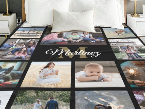 Review Monogrammed Photo Collage Black, White and Gold Fleece Blanket