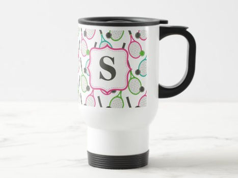 Review Preppy Pink Green Teal Tennis Pattern Personalized Travel Mug