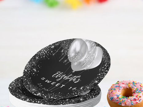 Best Price! Sweet 16 black silver glitter name balloons paper bowls