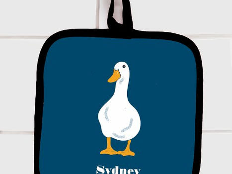 Top 5! Personalized White Duck Illustration on Blue Pot Holder
