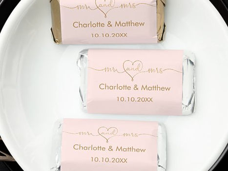 Top 5! Wedding Mr Mrs heart typography names blush gold Hershey's Miniatures