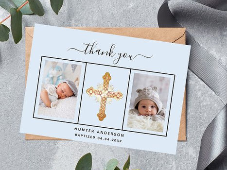 Best Deals! Baptism light blue photo script baby boy thank you card