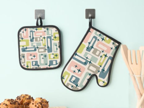 Best Deals! Retro Mid Century Modern Oven Mitt & Pot Holder Set