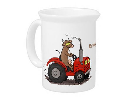 Big Deals! Cute happy cow driving a red tractor cartoon beverage pitcher