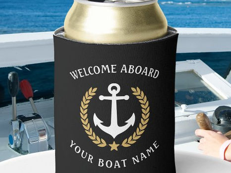 Top 10! Welcome Aboard Boat Name Anchor Gold Laurel Black Can Cooler
