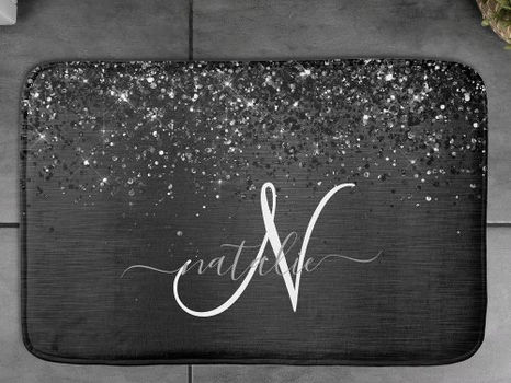 Review Custom Black Glitter Sparkle Monogram Bath Mat
