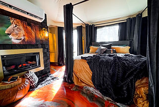Safari glamping cabin interior with luxurious opulent fabrics, floors and African decor