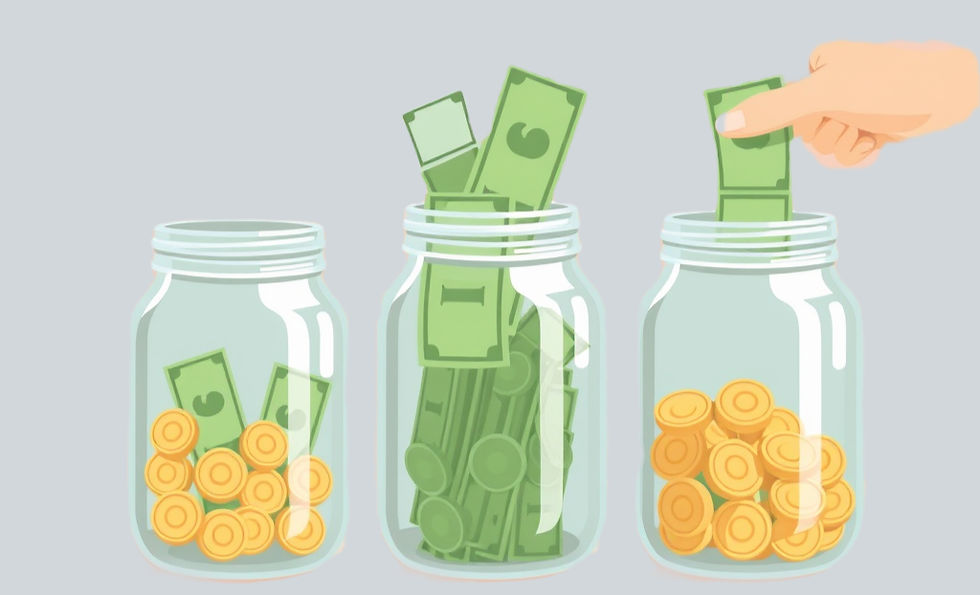 A Canadian allocating money into different jars to symbolize budgeting in different categories