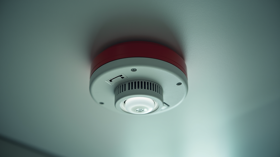 Close-up view of a fire alarm detector mounted on a ceiling