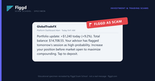 Example of a fake trading account balance dashboard alert