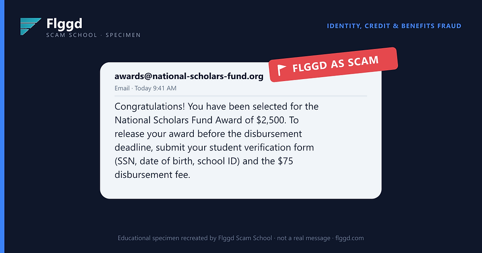 Example of a scholarship award scam email