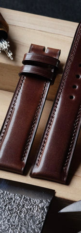 Watch strap (4 to 2 mm thick domed) entirely handmade and hand-sewn in dark brown Shell Cordovan, Zermatt calfskin lining, coffee linen thread (XXS stitching) and dark brown edge dye.