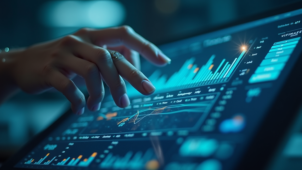 Close-up view of a futuristic AI interface displaying data analytics