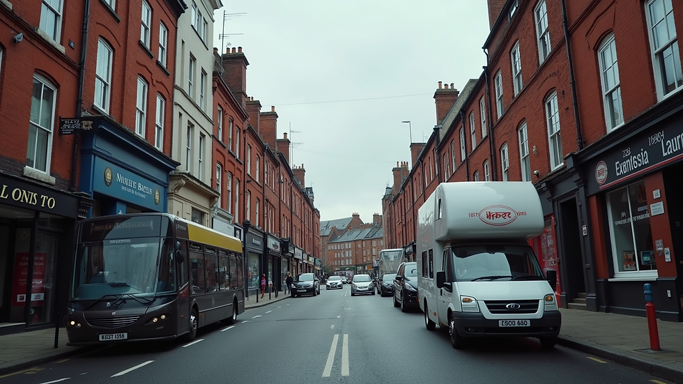 Wide angle view of a bustling city street in Wolverhampton
