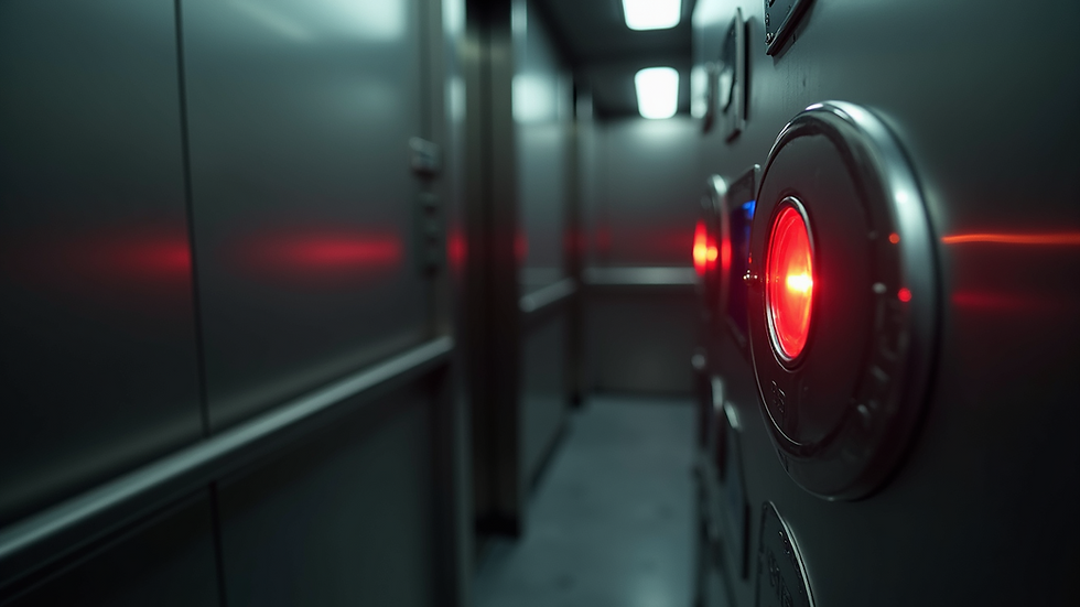 Close-up of illuminated red buttons inside a metallic elevator, creating a modern and sleek atmosphere with reflections and soft lighting.