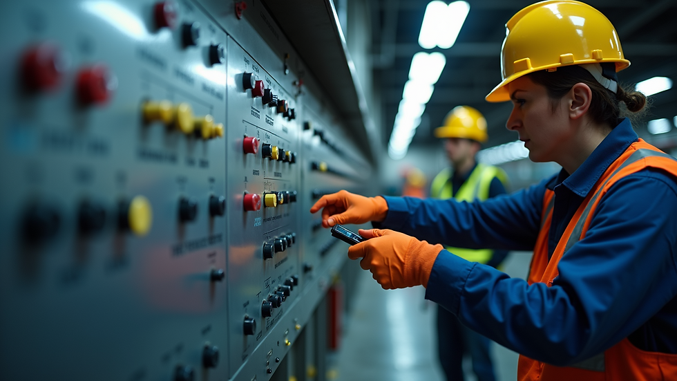Eye-level view of a technician inspecting a hoist control panel