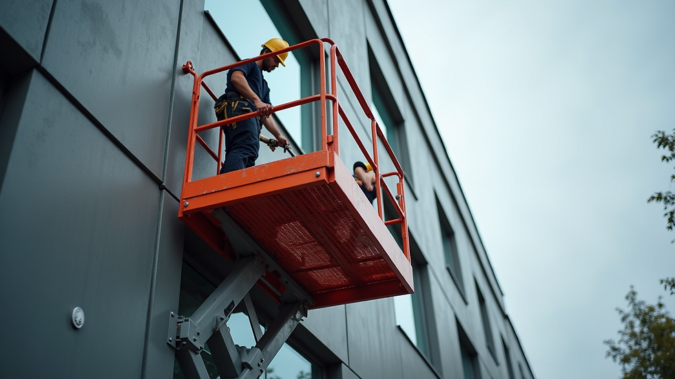 Eye-level view of a work-assist lift positioned next to a building for maintenance