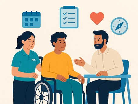 two people (one in a branded polo shirt representing a government LAC, the other in casual but professional clothing representing a Support Coordinator) working together with a participant in the middle — surrounded by icons like a calendar, checklist, and heart.