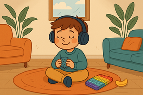 a calm young boy sitting cross-legged on a rug wearing headphones and holding a sensory ball. The room has soft lighting, plants, and colorful seating, illustrating a peaceful, sensory-friendly environment.
