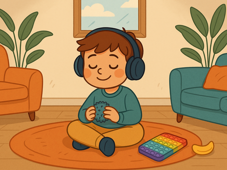 a calm young boy sitting cross-legged on a rug wearing headphones and holding a sensory ball. The room has soft lighting, plants, and colorful seating, illustrating a peaceful, sensory-friendly environment.