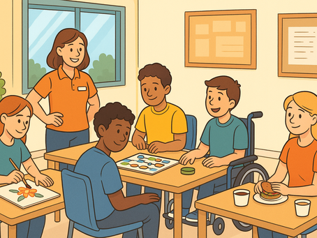 a group of teens and young adults engaged in different activities — including art, games, and lunch — supported by friendly staff in a colourful indoor setting.