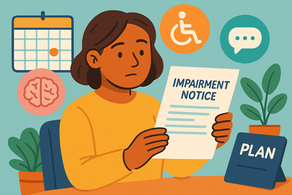 Cartoon-style digital illustration of a person reading a document labeled “Impairment Notice,” with visual icons for different disability types (e.g., brain for cognitive, wheelchair for physical, speech bubble for psychosocial) surrounding them. A calendar and plan folder are visible in the background, symbolising NDIS planning and updates. The tone is informative and approachable.